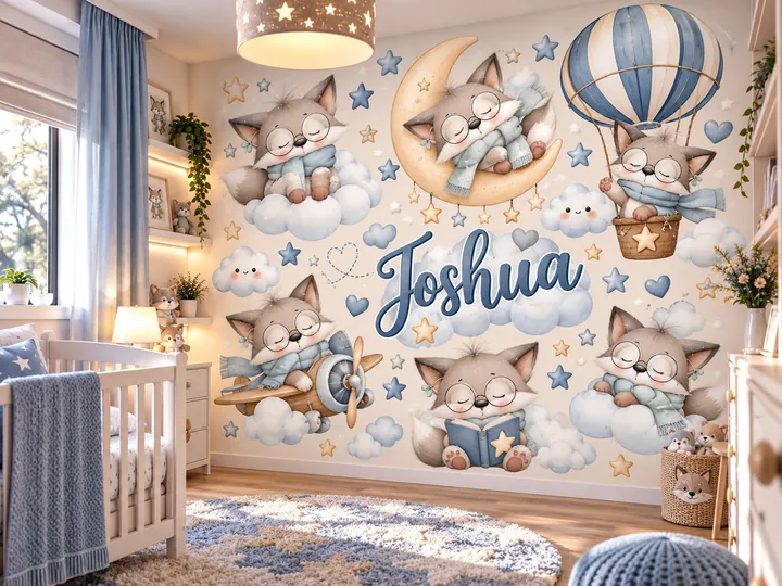 Habitación azul con animalitos, luna y estrellas